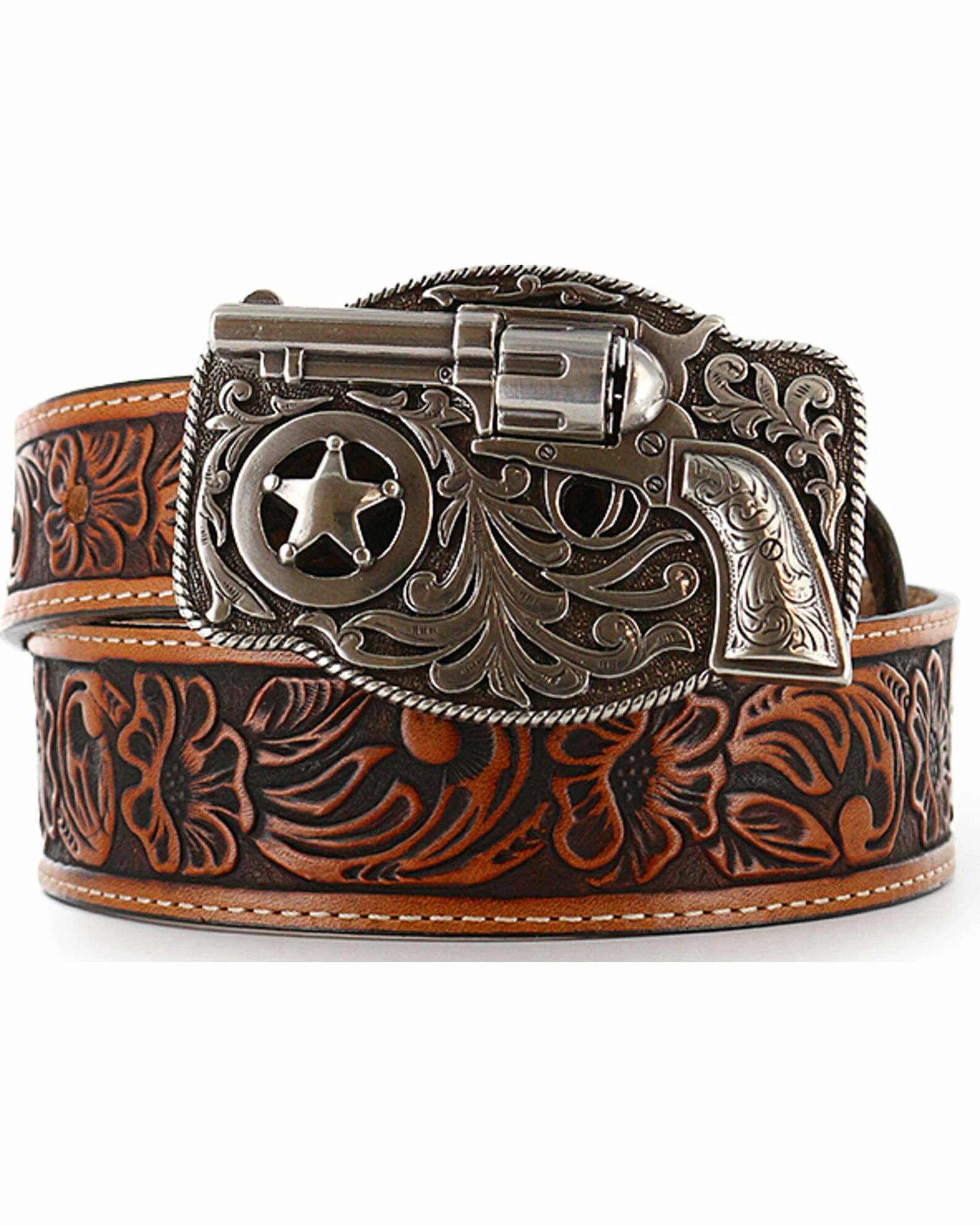 Justin Kid's Tooled Leather Belt For Boys' Brown 3 Justin Kid's Tooled Leather Belt For Boys' Brown