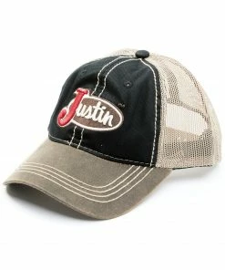 Justin Men's Black Oilcloth Brim Logo Embroidered Mesh-Back Ball Cap 