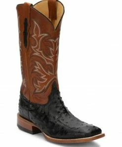 Justin Men's Pascoe Black Full-Quill Ostrich Western Boots - Wide Square Toe