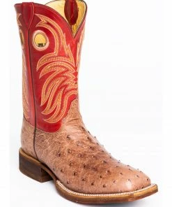 Justin Men's Cognac Ostrich Western Boots - Wide Square Toe