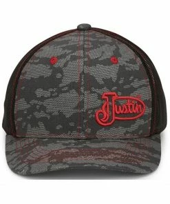 Justin Men's Grey Camo & Red Embroidered Logo Mesh-Back Ball Cap 