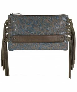 Justin Women's Brown Washed Tooled Turquoise Fringe Clutch Purse Black