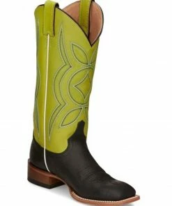 Justin Women's Minick Lime Green & Dusk Black Cowhide Leather Western Boots - Wide Square Toe 