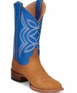 Justin Women's Hayes Jewel Blue & Tan Cowhide Leather Western Boots - Wide Square Toe 