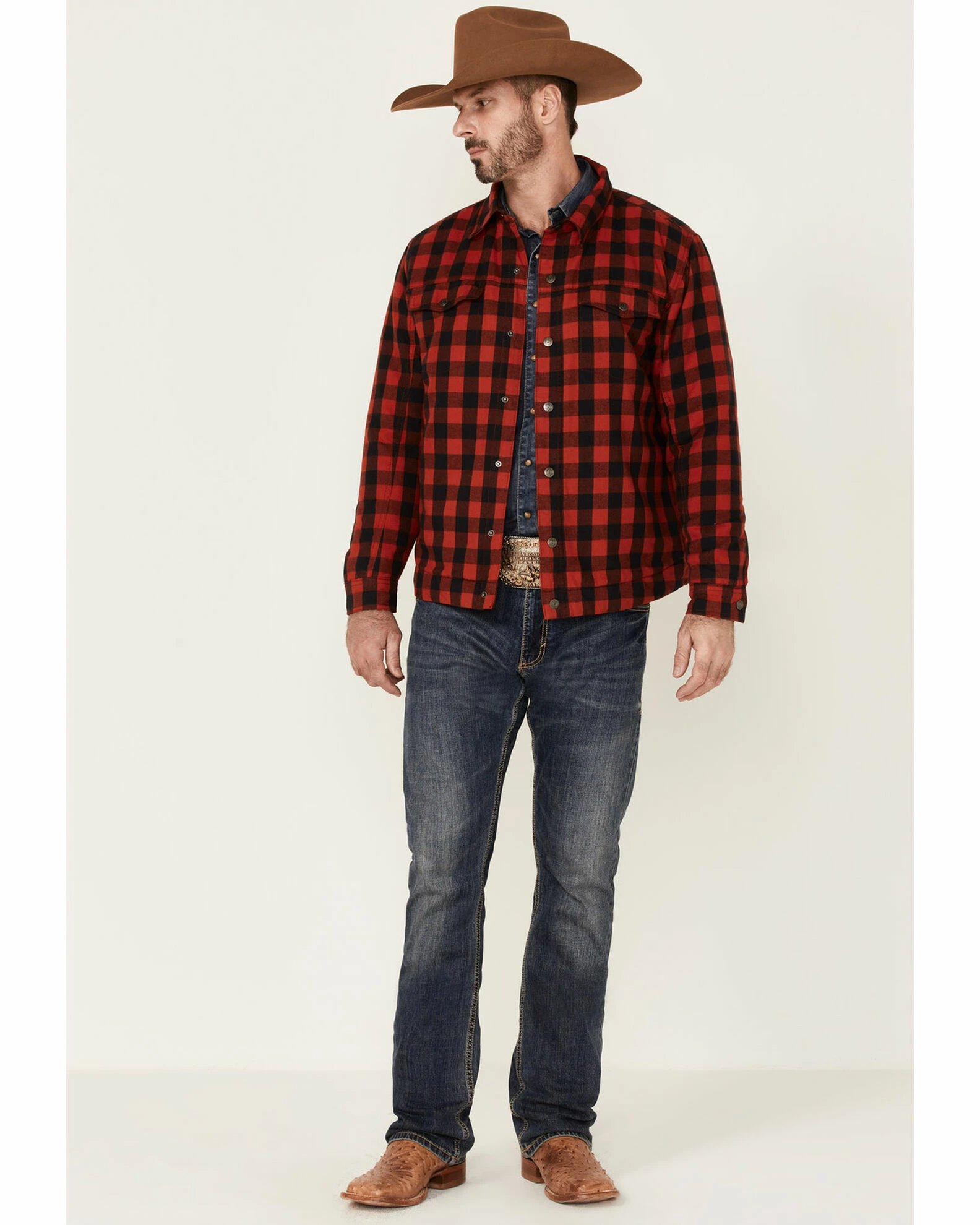 Justin Men's Red Buffalo Jackson Plaid Long Sleeve Snap Shirt Jacket 4 Justin Men's Red Buffalo Jackson Plaid Long Sleeve Snap Shirt Jacket - Image 2
