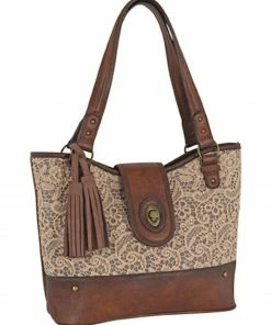 Justin Women's Floral Lace & Burnished Leather Tote Bag Brown