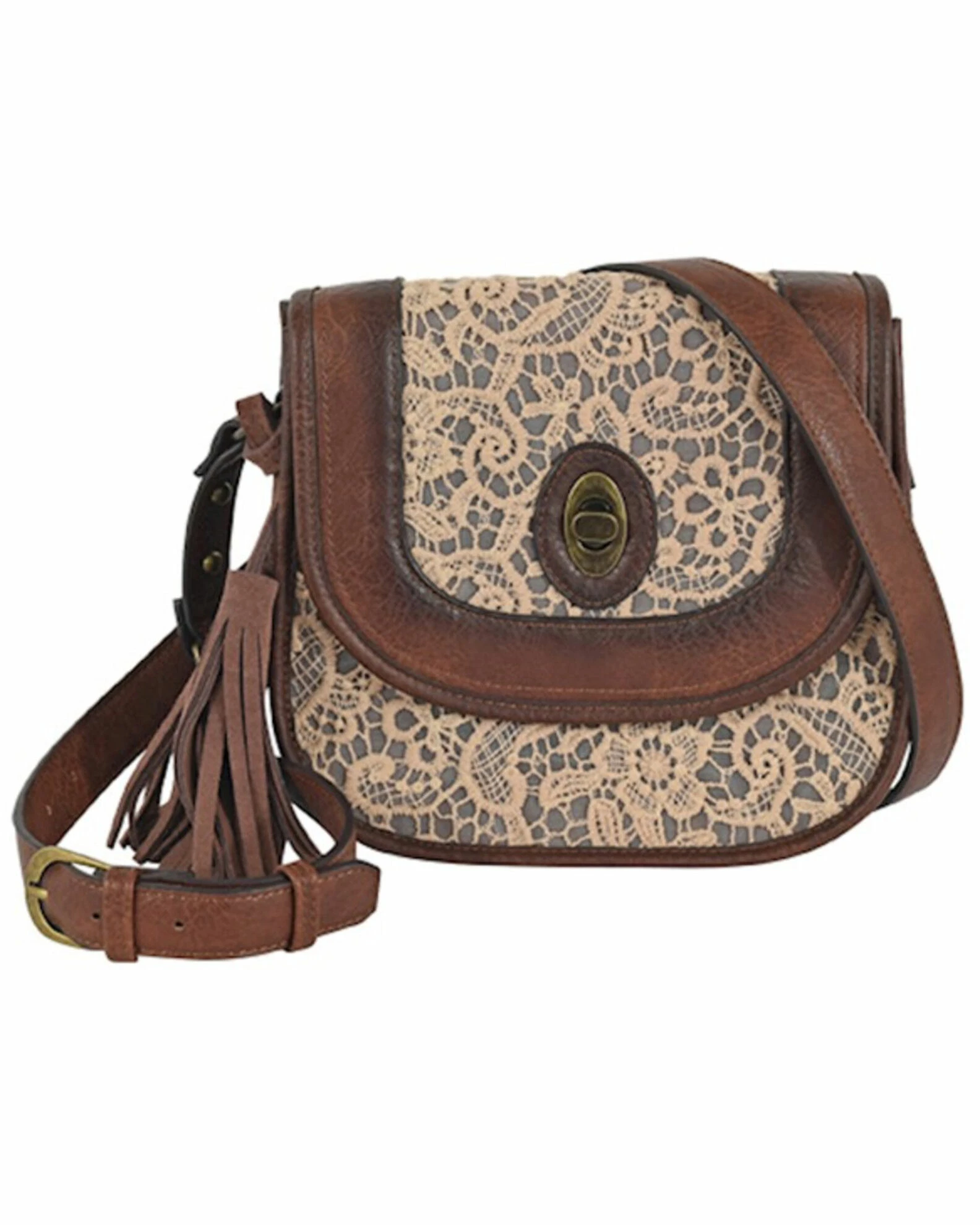 Justin Women's Floral Lace & Burnished Leather Saddle Bag Brown 2 Justin Women's Floral Lace & Burnished Leather Saddle Bag Brown